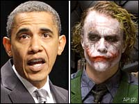 US President Barack Obama and actor Heath Ledger as 'The Joker' from 'The Dark Knight'